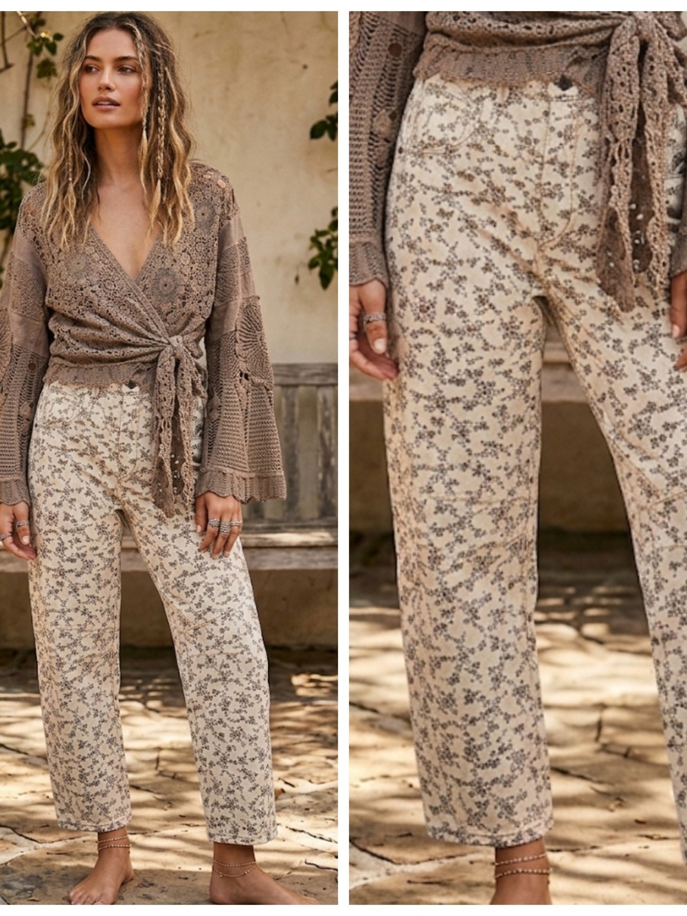 Woven Floral Print Barrel Pants - Beige